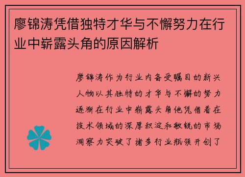 廖锦涛凭借独特才华与不懈努力在行业中崭露头角的原因解析