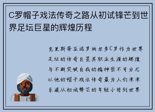 C罗帽子戏法传奇之路从初试锋芒到世界足坛巨星的辉煌历程