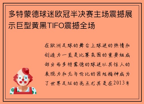 多特蒙德球迷欧冠半决赛主场震撼展示巨型黄黑TIFO震撼全场
