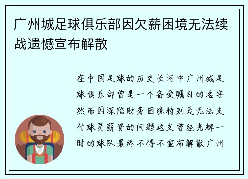 广州城足球俱乐部因欠薪困境无法续战遗憾宣布解散 广州城足球俱乐部因欠薪困境无法续战遗憾宣布解散